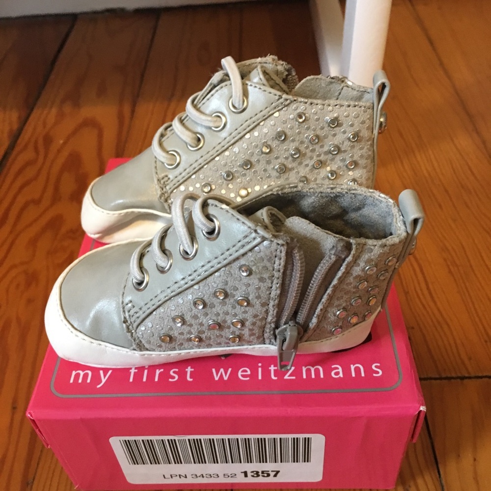 “My First Weitzmans” silver high top sneakers